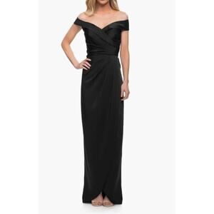 NWT! La Femme Long Jersey Dress‎ Ruching Cap Sleeves Black 0